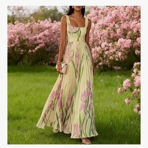 Elegant Floral Maxi Dress in Cream and Purple